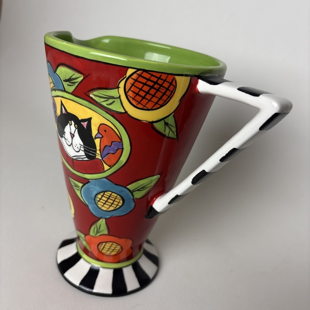 Catzilla Pedestal Pitcher By Candace Reiter Colorful Artsy Flowers Cat Design - Picture 7 of 14